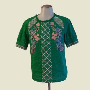 Anthropologie Maeve Green Floral Embroidered Top